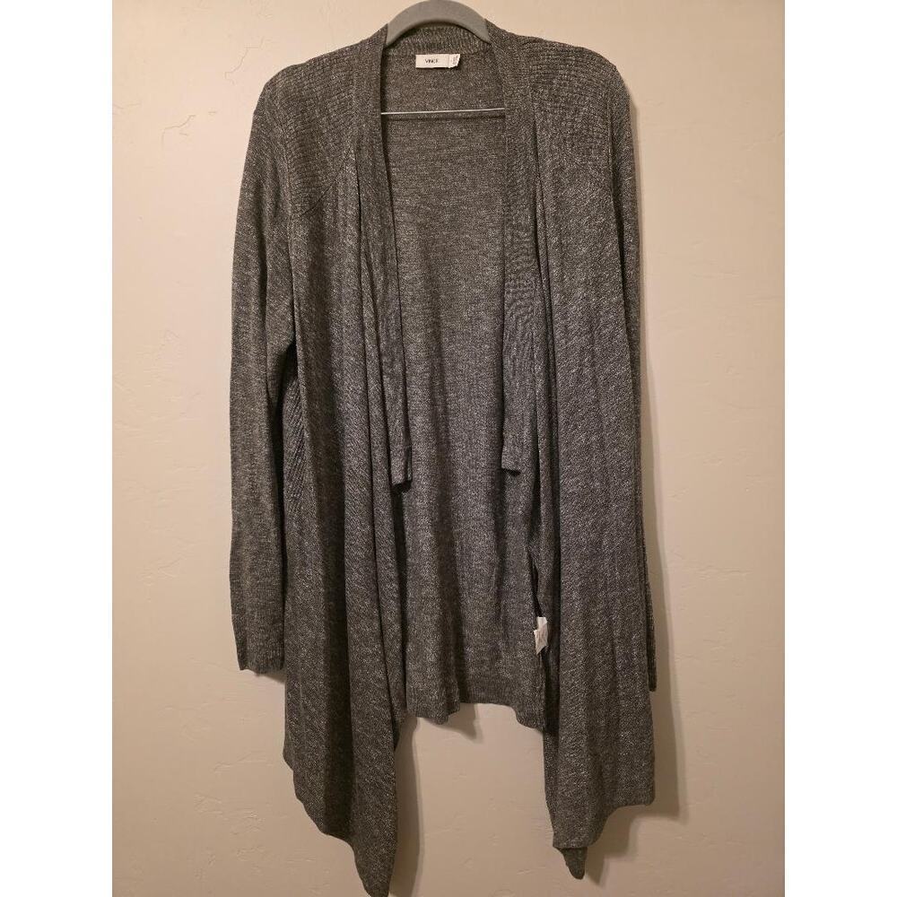 Vince Gray Linen Blend Drape Cardigan | Open Front Minimalist Layer (Large)